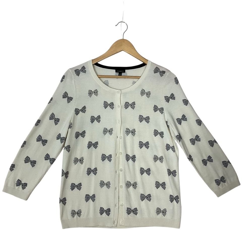TALBOTS sz Medium Cardigan Bows Beading Details 3/4 Sleeves Cream Black